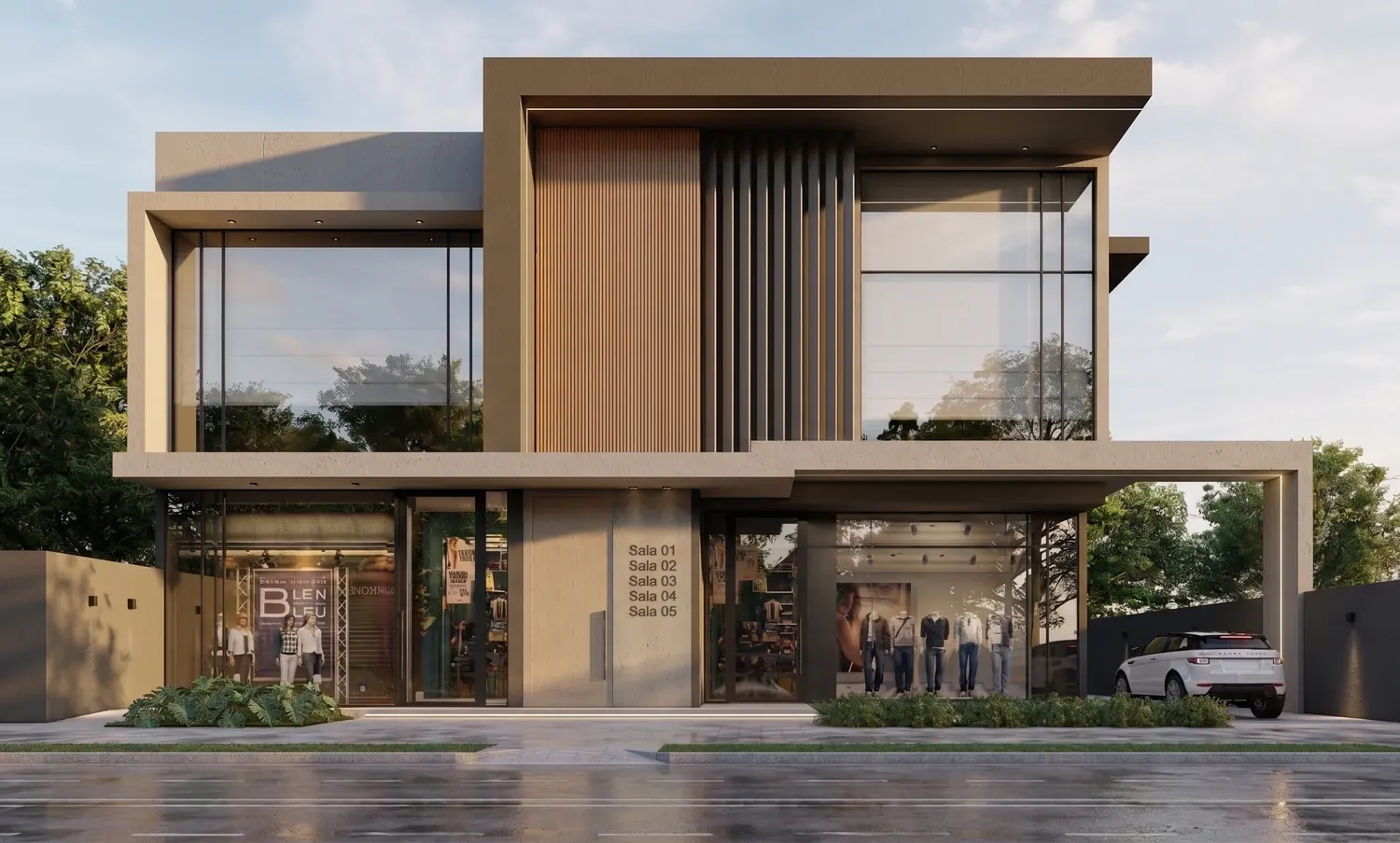 Render de galeria comercial com lojas