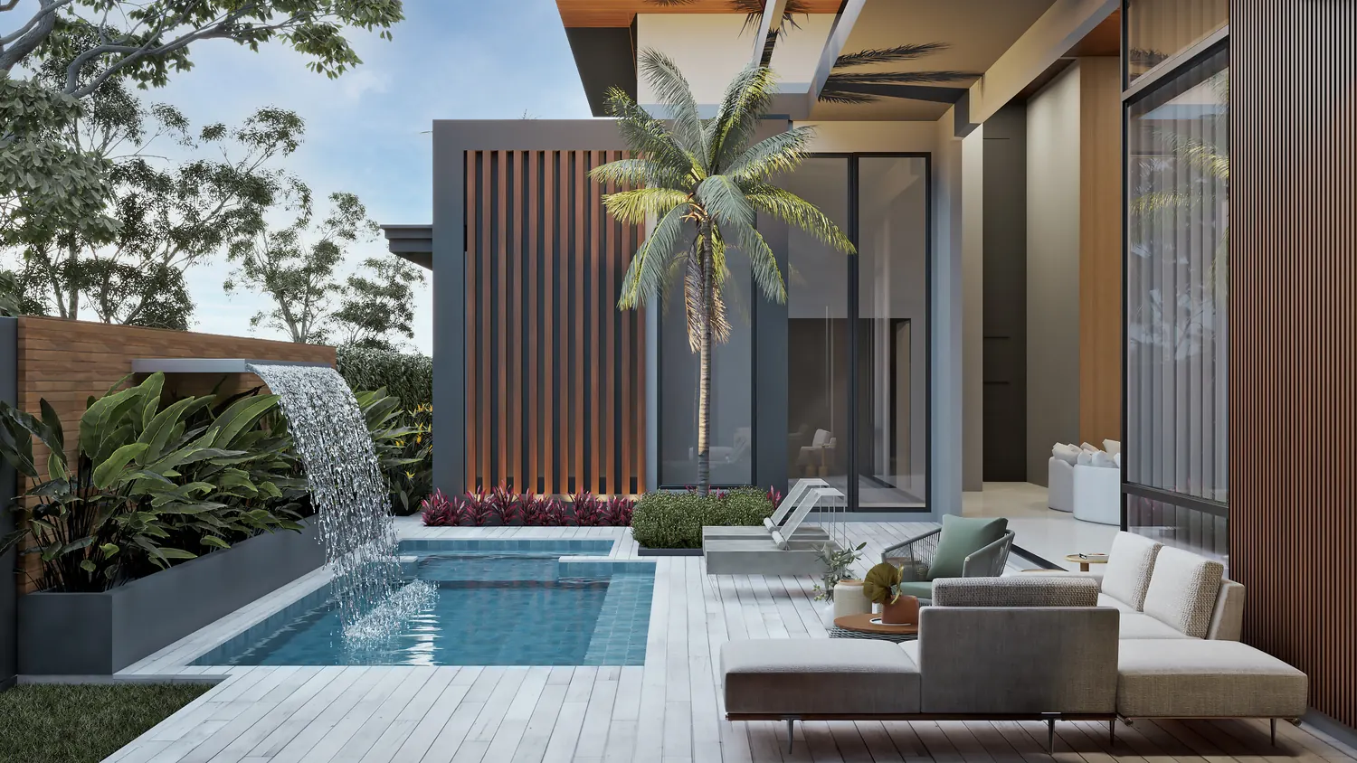 Render de área de lazer com piscina